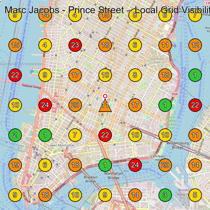 Marc Jacobs - Prince Street Clothing Store GeoGrid ranking map for New York NY